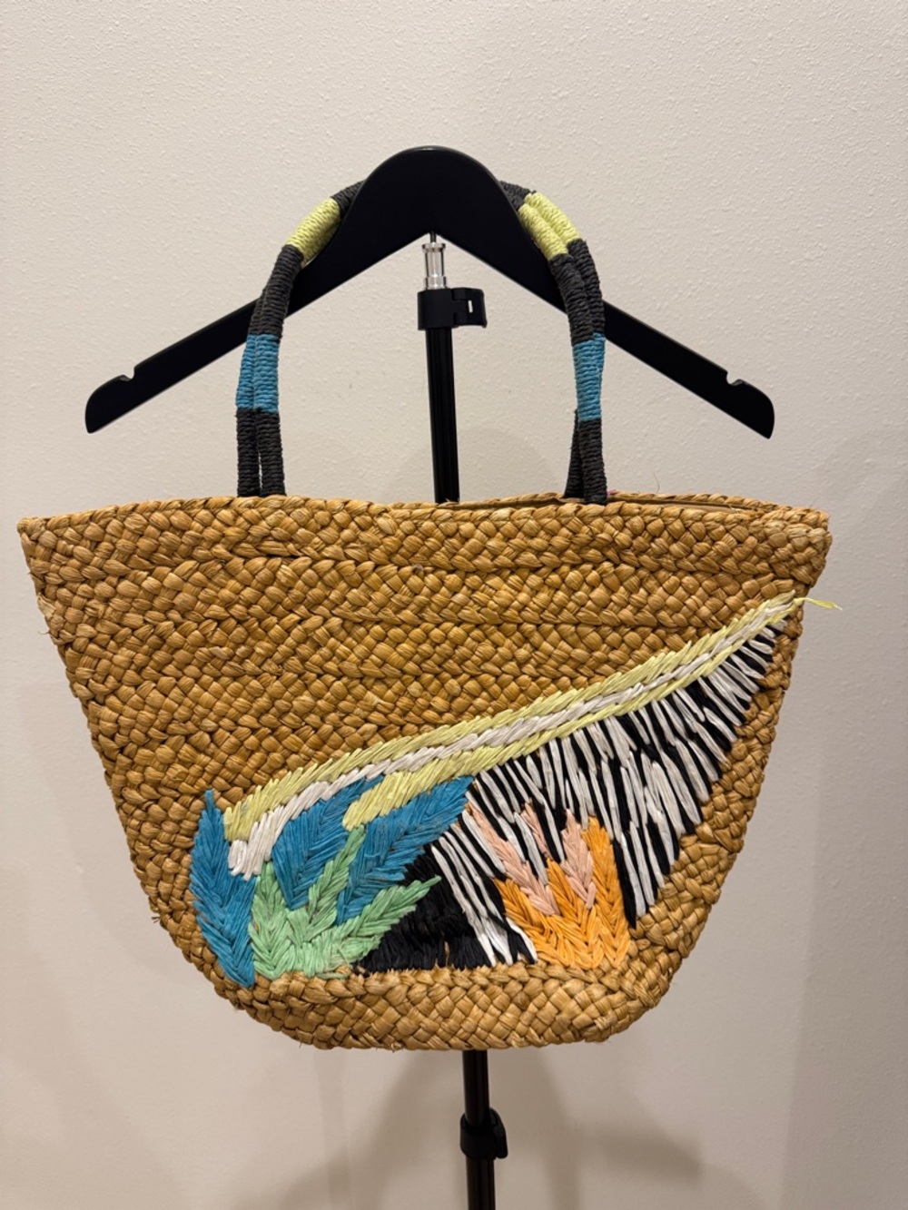 Embroidered Straw Tote Bag in Natural with Blue, Green &‎ Yellow Accents